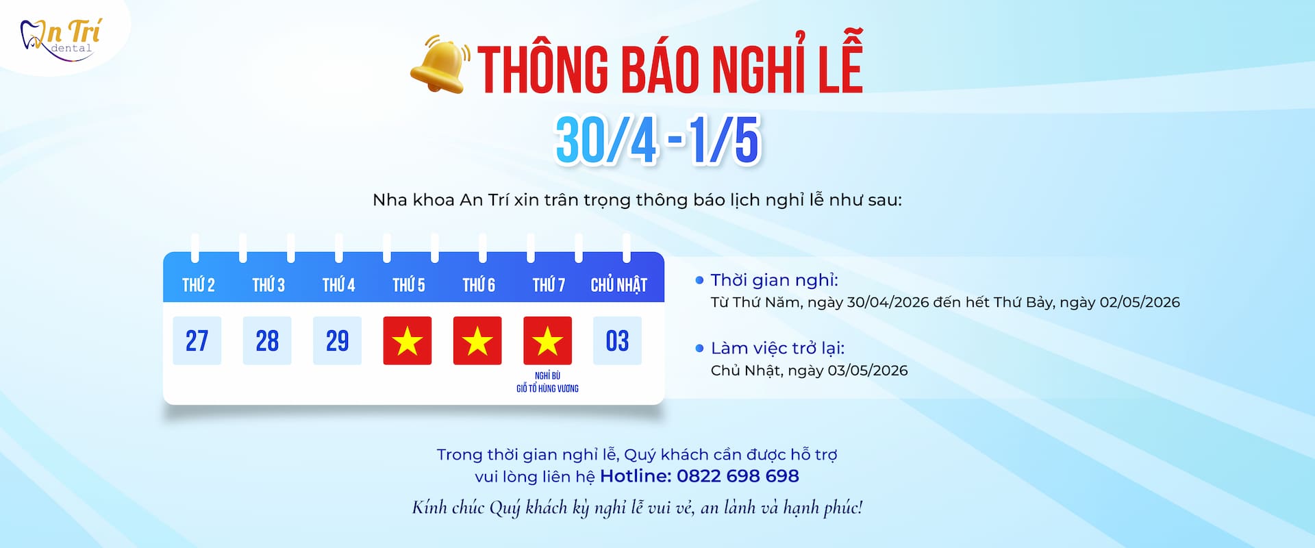 Thông báo lễ 30-04 - Nha khoa An Trí