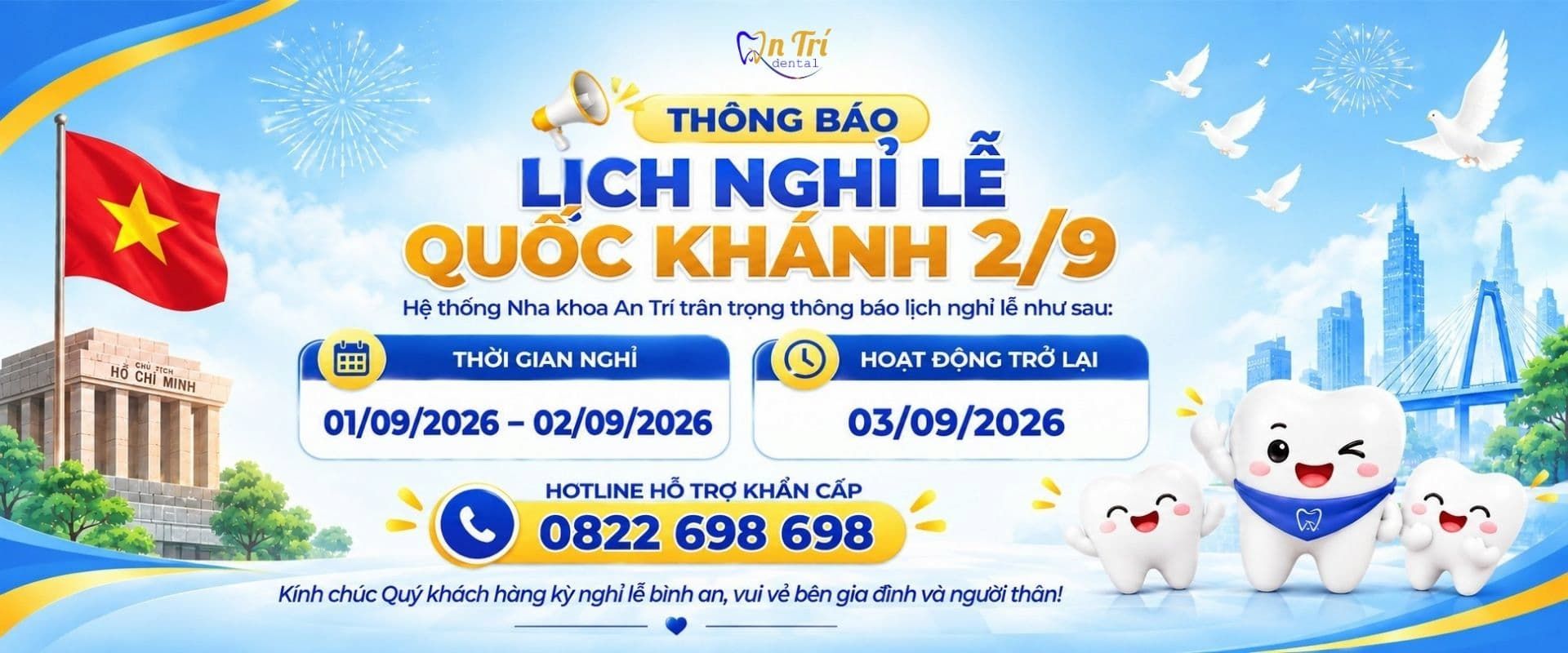 Thông báo lịch nghỉ lễ quốc khánh 02/09/2026 - Nha khoa An Trí